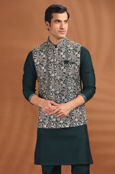 Teal Green Silk Embroidered Kurta Pajama Set with Jacket